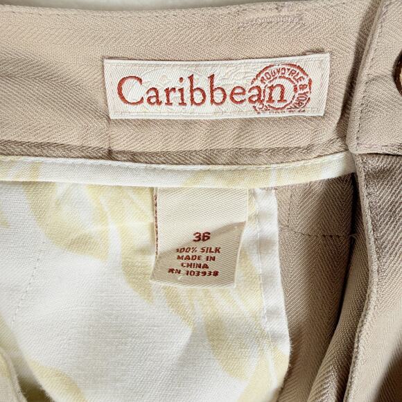 Caribbean Men's Shorts 36 Beige Relaxed Fit Pleated Silk Bermuda Pleated Y2K - Picture 2 of 8